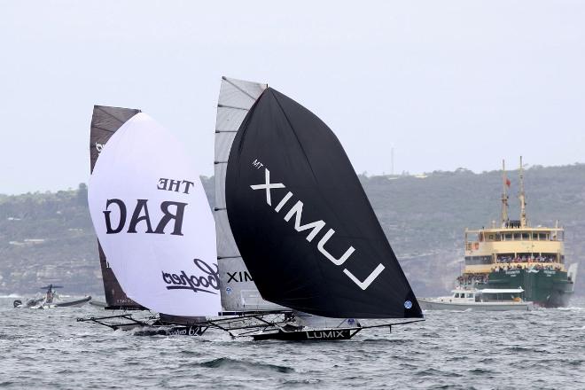 Lumix and Coopers 62-Rag and Famish Hotel on the spinnaker run down the middle of the harbour - 2015 NSW 18ft Skiff Championship © Frank Quealey /Australian 18 Footers League http://www.18footers.com.au